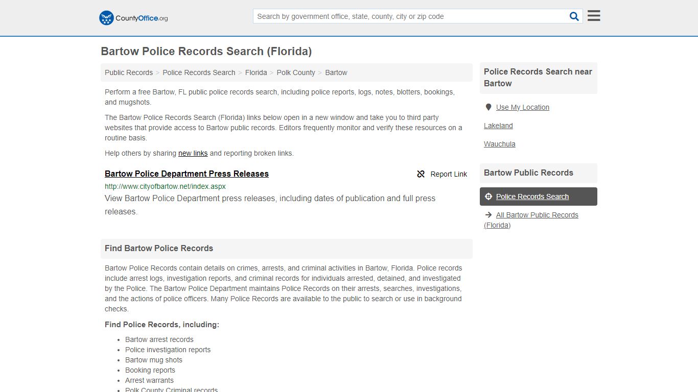 Bartow Police Records Search (Florida) - County Office